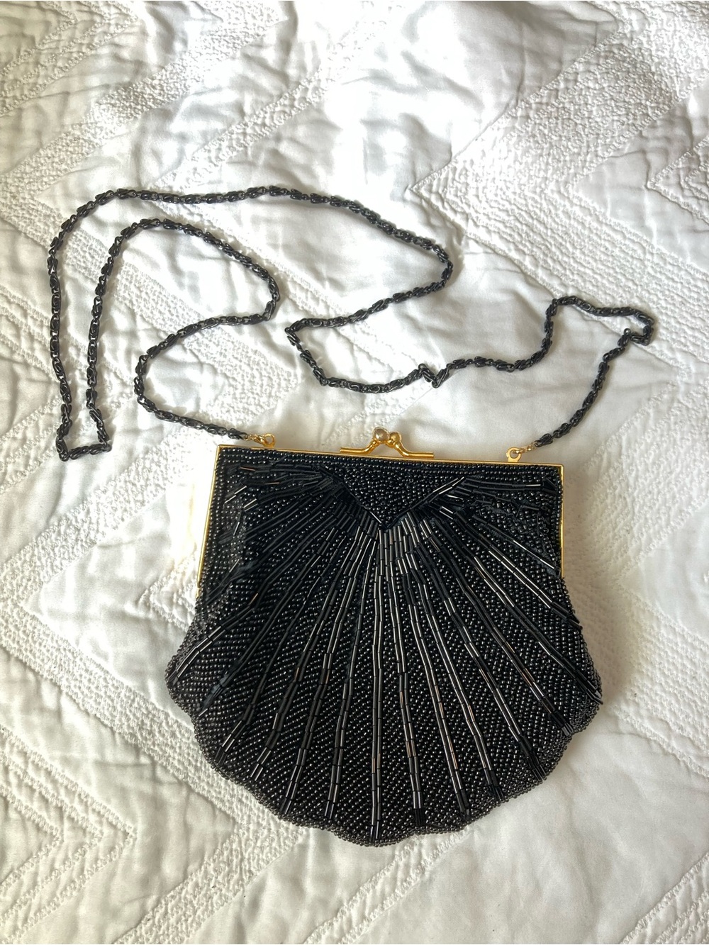 Vintage Black Beaded Shell Purse Gold Hardware Carolyne Barton